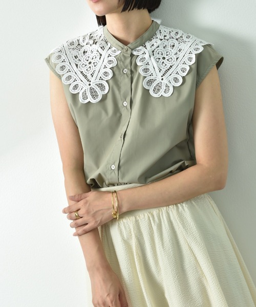 INTERPLANET（インタープラネット）の「ＴＣブロード襟レースブラウス（シャツ/ブラウス・レディース・オフホワイト/カーキ/ブラック・FREE）」の3枚目の写真