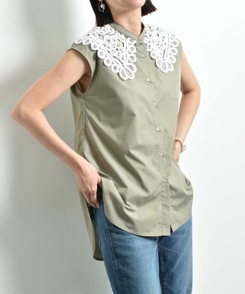 INTERPLANET（インタープラネット）の「ＴＣブロード襟レースブラウス（シャツ/ブラウス・レディース・オフホワイト/カーキ/ブラック・FREE）」の6枚目の写真