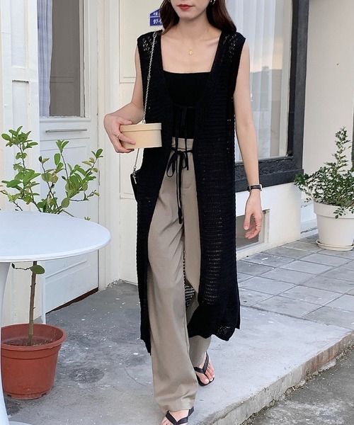 SHEPP(シープ)の「メッシュニット 透かし編み 前空き カーディガンベスト(ベスト・レディース・ホワイト/ベージュ・F)」の9枚目の写真