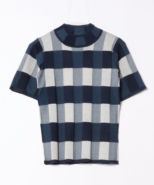 STYLEBLOCK（スタイルブロック）の「プレーティングチェックニットハーフスリーブプルオーバー（ニット/セーター・レディース・オフホワイト/オレンジ/ネイビー・M）」の2枚目の写真