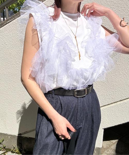 y/m by misato（イムバイミサト）の「カットチュールドッキングノースリトップス（タンクトップ・レディース・ブラック/オフホワイト・FREE）」の6枚目の写真