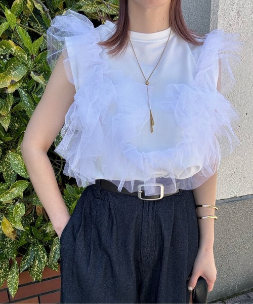 y/m by misato（イムバイミサト）の「カットチュールドッキングノースリトップス（タンクトップ・レディース・ブラック/オフホワイト・FREE）」の4枚目の写真