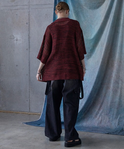 カーディガン メッシュオーバーカーデ レディース SERACE】Oversize openwork short sleeve mesh cardigan
