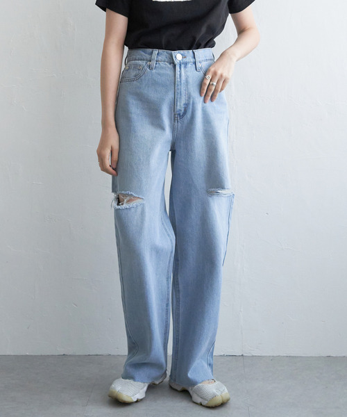 VENCEEXCHANGE（ヴァンスエクスチェンジ）の「ダメージデニム（デニムパンツ・レディース・ブラック/オフホワイト/ブルー系/ブルー・FREE）」の4枚目の写真