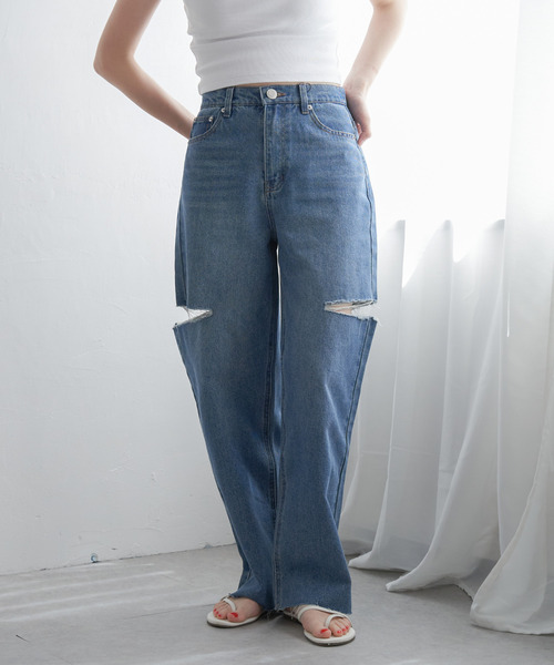 VENCEEXCHANGE（ヴァンスエクスチェンジ）の「ダメージデニム（デニムパンツ・レディース・ブラック/オフホワイト/ブルー系/ブルー・FREE）」の6枚目の写真