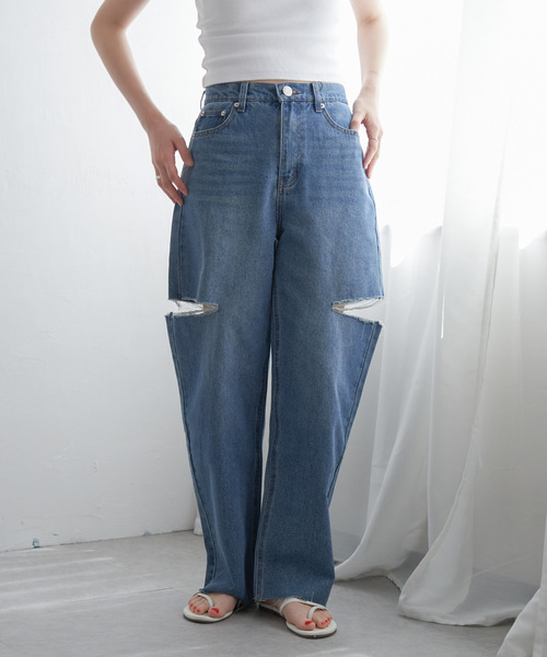 VENCEEXCHANGE（ヴァンスエクスチェンジ）の「ダメージデニム（デニムパンツ・レディース・ブラック/オフホワイト/ブルー系/ブルー・FREE）」の7枚目の写真