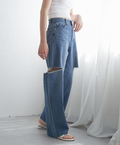 VENCEEXCHANGE（ヴァンスエクスチェンジ）の「ダメージデニム（デニムパンツ・レディース・ブラック/オフホワイト/ブルー系/ブルー・FREE）」の9枚目の写真