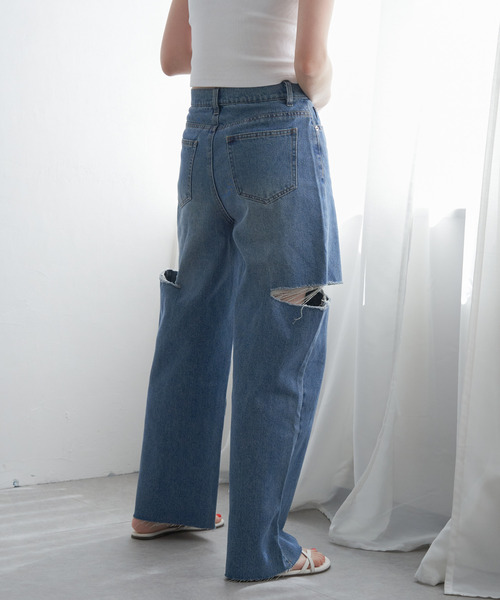 VENCEEXCHANGE（ヴァンスエクスチェンジ）の「ダメージデニム（デニムパンツ・レディース・ブラック/オフホワイト/ブルー系/ブルー・FREE）」の10枚目の写真