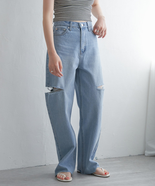 VENCEEXCHANGE（ヴァンスエクスチェンジ）の「ダメージデニム（デニムパンツ・レディース・ブラック/オフホワイト/ブルー系/ブルー・FREE）」の11枚目の写真