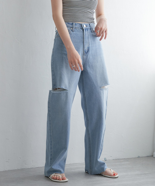 VENCEEXCHANGE（ヴァンスエクスチェンジ）の「ダメージデニム（デニムパンツ・レディース・ブラック/オフホワイト/ブルー系/ブルー・FREE）」の12枚目の写真