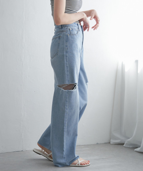 VENCEEXCHANGE（ヴァンスエクスチェンジ）の「ダメージデニム（デニムパンツ・レディース・ブラック/オフホワイト/ブルー系/ブルー・FREE）」の14枚目の写真