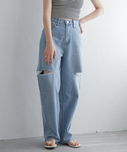 VENCEEXCHANGE（ヴァンスエクスチェンジ）の「ダメージデニム（デニムパンツ・レディース・ブラック/オフホワイト/ブルー系/ブルー・FREE）」の16枚目の写真