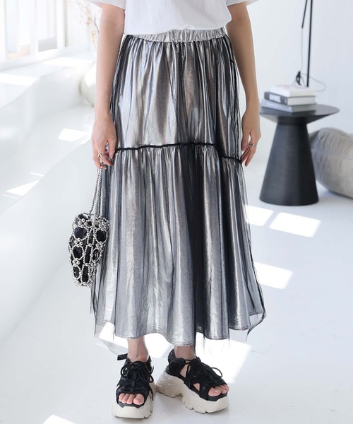 LAFFMO(ラフモ)の「メタリックチュールギャザースカート(スカート・レディース・グレー/シルバー/ブラック・F)」の1枚目の写真