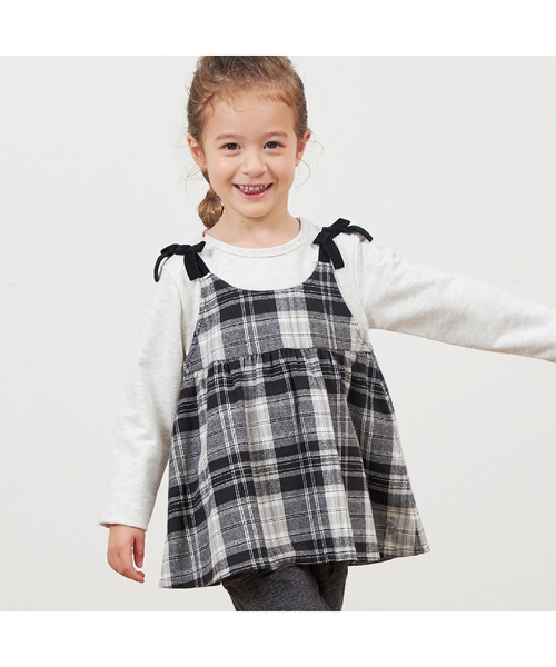 KP（ケーピー）の「チェック肩リボン付ドッキングチュニック(80～150)（チュニック・キッズ・マスタード/ブラック・150cm/140cm/130cm/120cm/110cm/100cm/90cm/80ｃｍ）」の2枚目の写真
