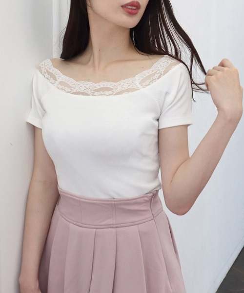 ROYAL PARTY（ロイヤルパーティー）の「デコルテレースカットリブトップス（Tシャツ/カットソー・レディース・ピンク/オフホワイト/ブラック・FREE）」の2枚目の写真