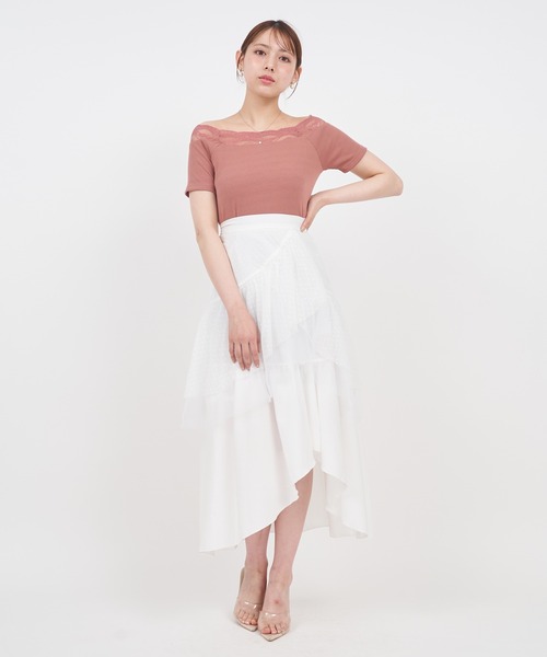 ROYAL PARTY（ロイヤルパーティー）の「デコルテレースカットリブトップス（Tシャツ/カットソー・レディース・ピンク/オフホワイト/ブラック・FREE）」の5枚目の写真