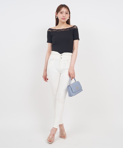 ROYAL PARTY（ロイヤルパーティー）の「デコルテレースカットリブトップス（Tシャツ/カットソー・レディース・ピンク/オフホワイト/ブラック・FREE）」の9枚目の写真