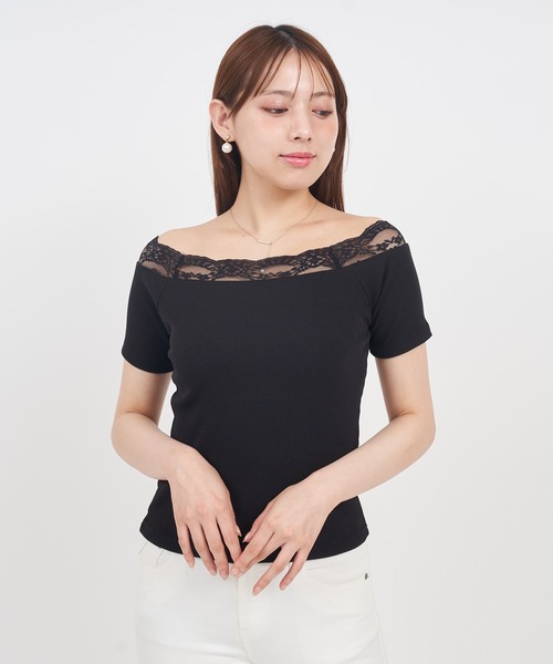 ROYAL PARTY（ロイヤルパーティー）の「デコルテレースカットリブトップス（Tシャツ/カットソー・レディース・ピンク/オフホワイト/ブラック・FREE）」の13枚目の写真