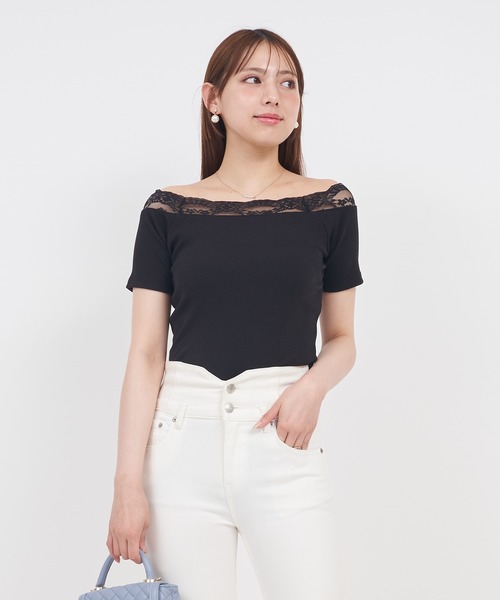 ROYAL PARTY（ロイヤルパーティー）の「デコルテレースカットリブトップス（Tシャツ/カットソー・レディース・ピンク/オフホワイト/ブラック・FREE）」の10枚目の写真