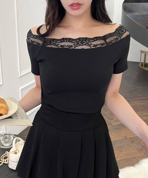 ROYAL PARTY（ロイヤルパーティー）の「デコルテレースカットリブトップス（Tシャツ/カットソー・レディース・ピンク/オフホワイト/ブラック・FREE）」の4枚目の写真