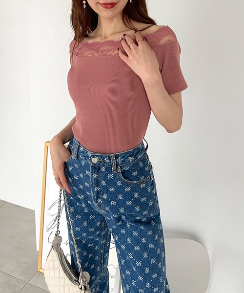 ROYAL PARTY（ロイヤルパーティー）の「デコルテレースカットリブトップス（Tシャツ/カットソー・レディース・ピンク/オフホワイト/ブラック・FREE）」の20枚目の写真