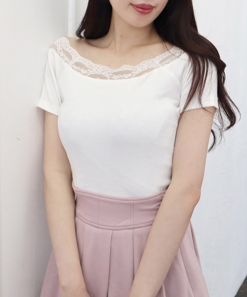 ROYAL PARTY（ロイヤルパーティー）の「デコルテレースカットリブトップス（Tシャツ/カットソー・レディース・ピンク/オフホワイト/ブラック・FREE）」の19枚目の写真