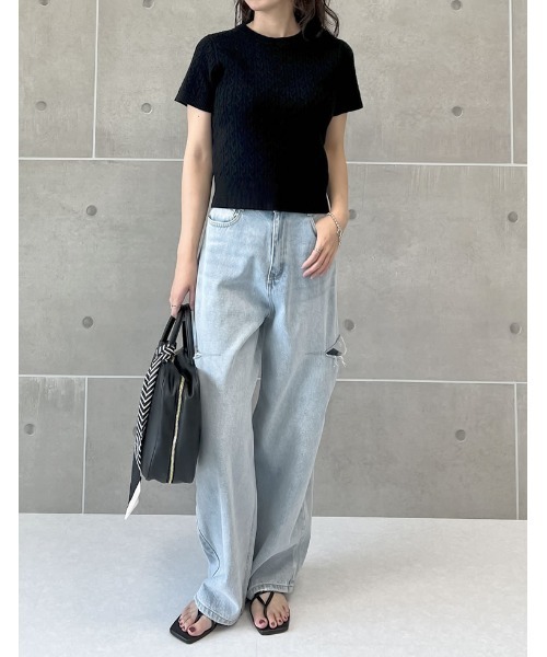Re:EDIT(リエディ)の「ケーブルクルーネック半袖ニットトップス(ニット/セーター・レディース・キャメル/アイボリー/ブラック/ネイビー/ピンク・MEDIUM/LARGE)」の8枚目の写真