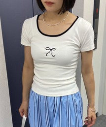 Uネック 刺繍リボントップス