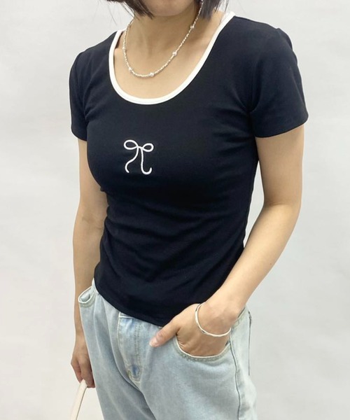 mebole（メボレ）の「Uネック 刺繍リボントップス（Tシャツ/カットソー・レディース・ホワイト/ブルー/ブラック・FREE）」の10枚目の写真