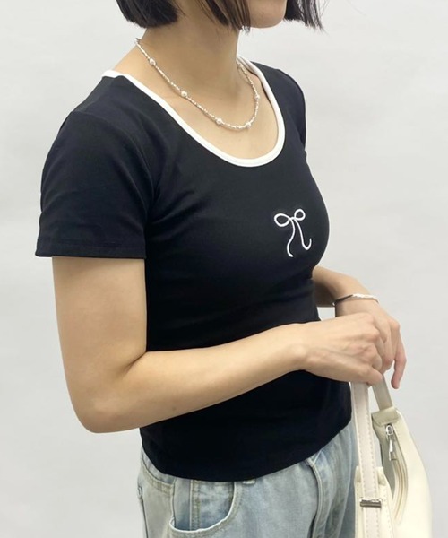 mebole（メボレ）の「Uネック 刺繍リボントップス（Tシャツ/カットソー・レディース・ホワイト/ブルー/ブラック・FREE）」の11枚目の写真