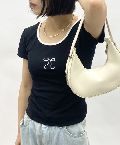mebole（メボレ）の「Uネック 刺繍リボントップス（Tシャツ/カットソー・レディース・ホワイト/ブルー/ブラック・FREE）」の12枚目の写真