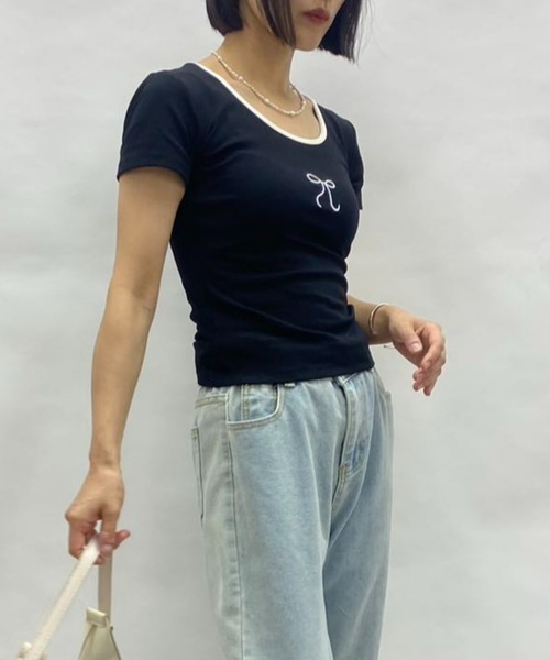 mebole（メボレ）の「Uネック 刺繍リボントップス（Tシャツ/カットソー・レディース・ホワイト/ブルー/ブラック・FREE）」の13枚目の写真