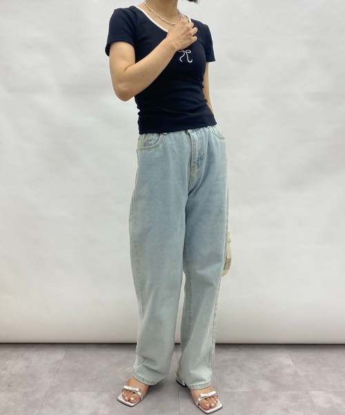 mebole（メボレ）の「Uネック 刺繍リボントップス（Tシャツ/カットソー・レディース・ホワイト/ブルー/ブラック・FREE）」の18枚目の写真