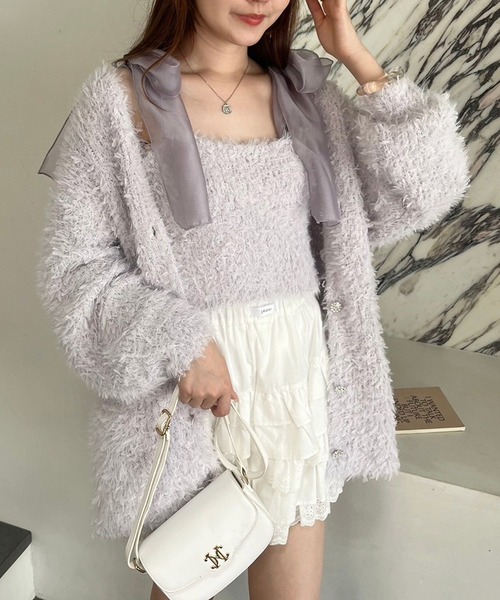 セール】キラキラボタンチュールフェザーロングカーディガン