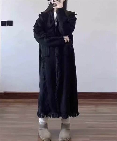 FREE STYLISTS(フリー スタイリスト)の「フリンジニットロングカーディガン(カーディガン/ボレロ・レディース・ブラック/カーキ/オフホワイト/グレー・FREE)」の6枚目の写真