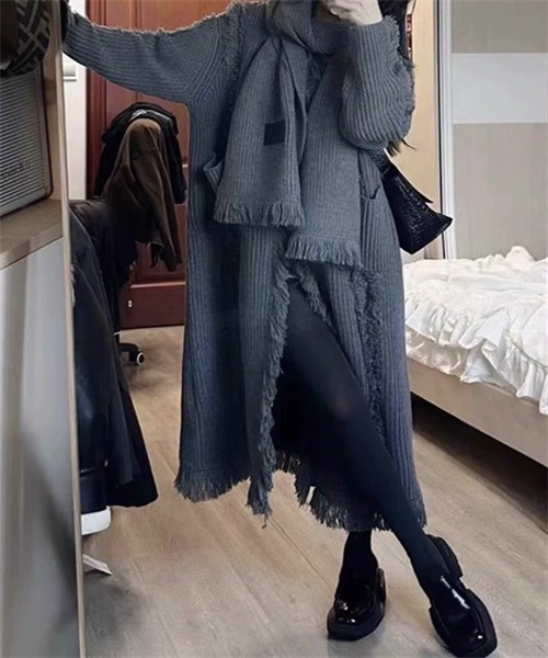 FREE STYLISTS(フリー スタイリスト)の「フリンジニットロングカーディガン(カーディガン/ボレロ・レディース・ブラック/カーキ/オフホワイト/グレー・FREE)」の8枚目の写真