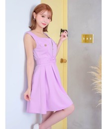 フロントジップ ベルト付き ノースリーブ プリーツ Aラインミニドレス