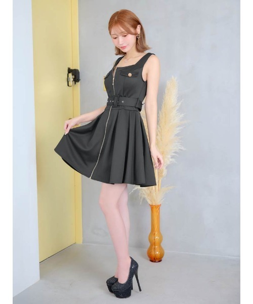 フロントジップ ベルト付き ノースリーブ プリーツ Ａライン ミニドレス（ドレス）｜DAZZY（デイジー）