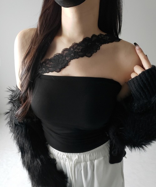me+em select(ミームセレクト)の「※※【 2color / カップ付 】ナナメレーススクエアキャミソール / naname lace square camisole(キャミソール・レディース・ホワイト/ブラック・FREE)」の5枚目の写真