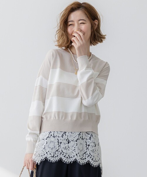 23区(ニジュウサンク)の「【洗える】コットンポリエステルストレッチ ショート ニット(ニット/セーター・レディース・ネイビー系1/ベージュ系1/ライトグリーン系1・38)」の1枚目の写真