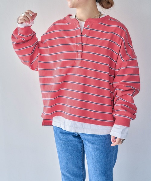 studio CLIP＊ヘンリーネックマルチボーダープルオーバー studio CLIP tシャツ 「ONKUL掲載商品」ヘンリーネックマルチ