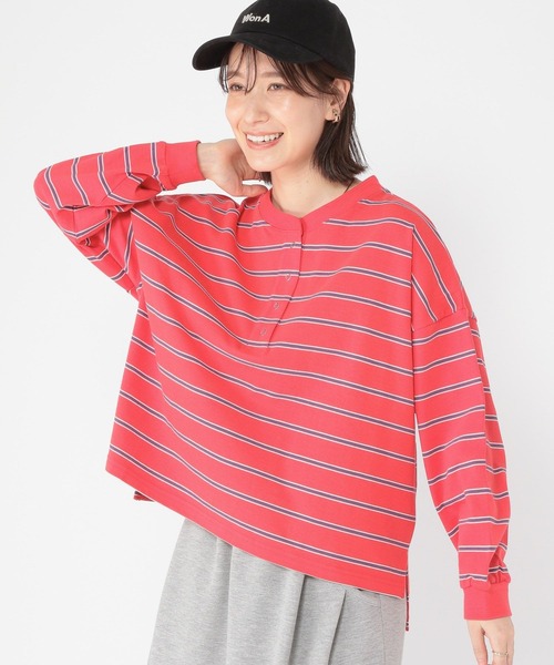 studio CLIP（スタディオクリップ）の「【ONKUL掲載商品】ヘンリーネックマルチボーダープルオーバー（Tシャツ/カットソー・レディース・ネイビー/スモーク/レッド・FREE）」の16枚目の写真