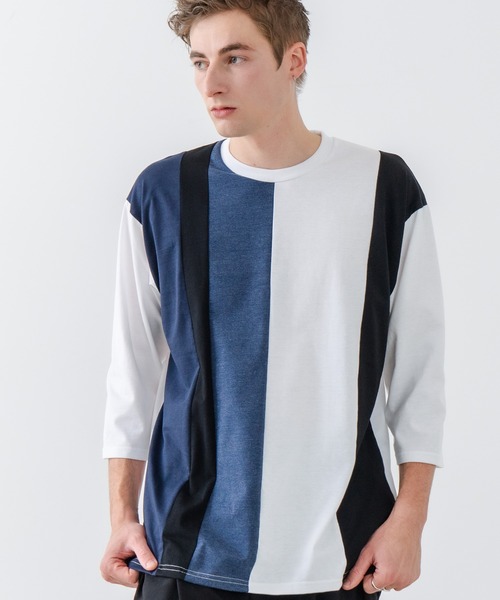 JEANS MATE(ジーンズメイト)の「【汗染みの目立ちにくいTシャツ ZEROSTAIN/ゼロステイン】フェイクレイヤード ビッグシルエット 切り替えデザイン 7分袖Tシャツ 防汚 UVカット(Tシャツ/カットソー・メンズ・スミクロ/ブルー/オフホワイト/ホワイト・X-LARGE/LARGE/MEDIUM)」の1枚目の写真