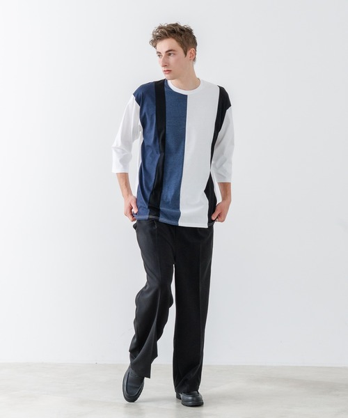 JEANS MATE(ジーンズメイト)の「【汗染みの目立ちにくいTシャツ ZEROSTAIN/ゼロステイン】フェイクレイヤード ビッグシルエット 切り替えデザイン 7分袖Tシャツ 防汚 UVカット(Tシャツ/カットソー・メンズ・スミクロ/ブルー/オフホワイト/ホワイト・X-LARGE/LARGE/MEDIUM)」の18枚目の写真