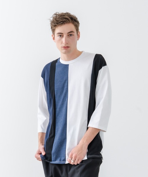 JEANS MATE(ジーンズメイト)の「【汗染みの目立ちにくいTシャツ ZEROSTAIN/ゼロステイン】フェイクレイヤード ビッグシルエット 切り替えデザイン 7分袖Tシャツ 防汚 UVカット(Tシャツ/カットソー・メンズ・スミクロ/ブルー/オフホワイト/ホワイト・X-LARGE/LARGE/MEDIUM)」の12枚目の写真