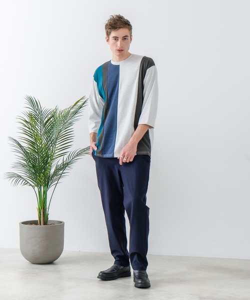 JEANS MATE(ジーンズメイト)の「【汗染みの目立ちにくいTシャツ ZEROSTAIN/ゼロステイン】フェイクレイヤード ビッグシルエット 切り替えデザイン 7分袖Tシャツ 防汚 UVカット(Tシャツ/カットソー・メンズ・スミクロ/ブルー/オフホワイト/ホワイト・X-LARGE/LARGE/MEDIUM)」の13枚目の写真