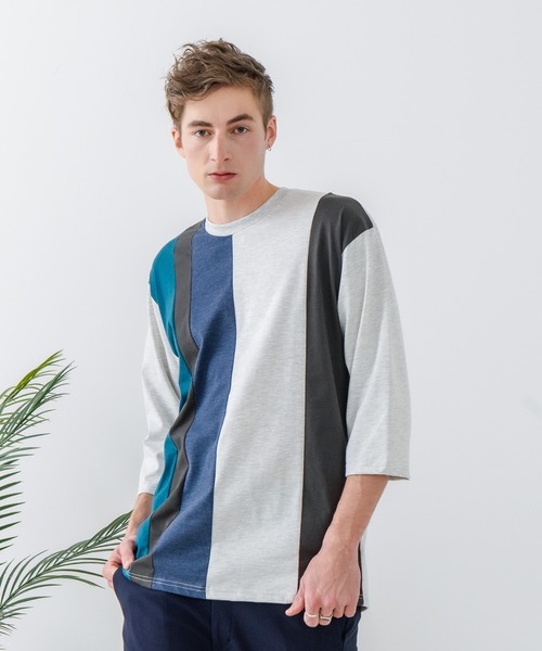 JEANS MATE(ジーンズメイト)の「【汗染みの目立ちにくいTシャツ ZEROSTAIN/ゼロステイン】フェイクレイヤード ビッグシルエット 切り替えデザイン 7分袖Tシャツ 防汚 UVカット(Tシャツ/カットソー・メンズ・スミクロ/ブルー/オフホワイト/ホワイト・X-LARGE/LARGE/MEDIUM)」の15枚目の写真