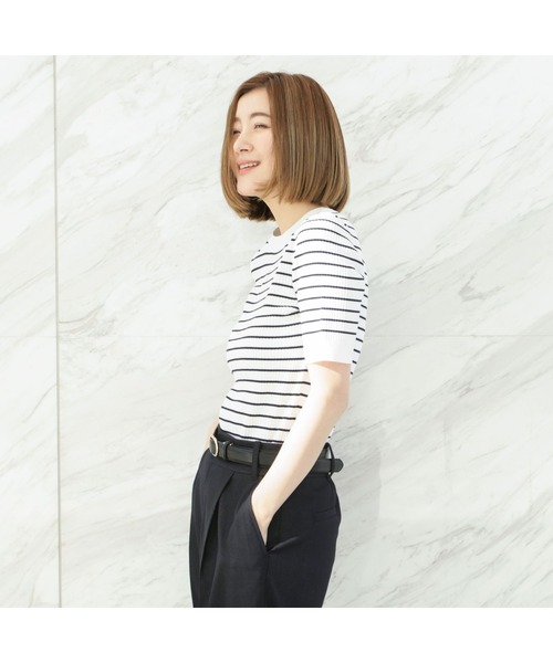 AOYAMA(アオヤマ)の「【前後2WAY】自宅で洗える!ボーダー半袖ニット/Vネック/クルーネック/ネイビー/パープル/5分袖|通勤&オフィス&入卒&セレモニー&オケージョン|(ニット/セーター・レディース・ネイビー/パープル・S/M/L/LL)」の5枚目の写真