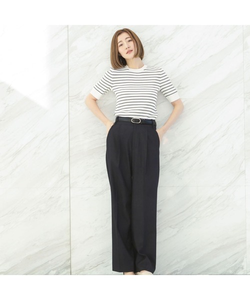 AOYAMA(アオヤマ)の「【前後2WAY】自宅で洗える!ボーダー半袖ニット/Vネック/クルーネック/ネイビー/パープル/5分袖|通勤&オフィス&入卒&セレモニー&オケージョン|(ニット/セーター・レディース・ネイビー/パープル・S/M/L/LL)」の3枚目の写真
