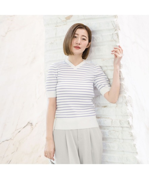 AOYAMA(アオヤマ)の「【前後2WAY】自宅で洗える!ボーダー半袖ニット/Vネック/クルーネック/ネイビー/パープル/5分袖|通勤&オフィス&入卒&セレモニー&オケージョン|(ニット/セーター・レディース・ネイビー/パープル・S/M/L/LL)」の21枚目の写真